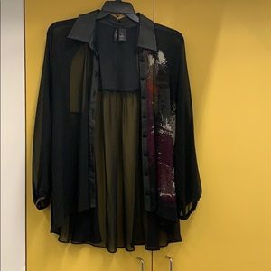 sheer black with faux leather detail  jewel button